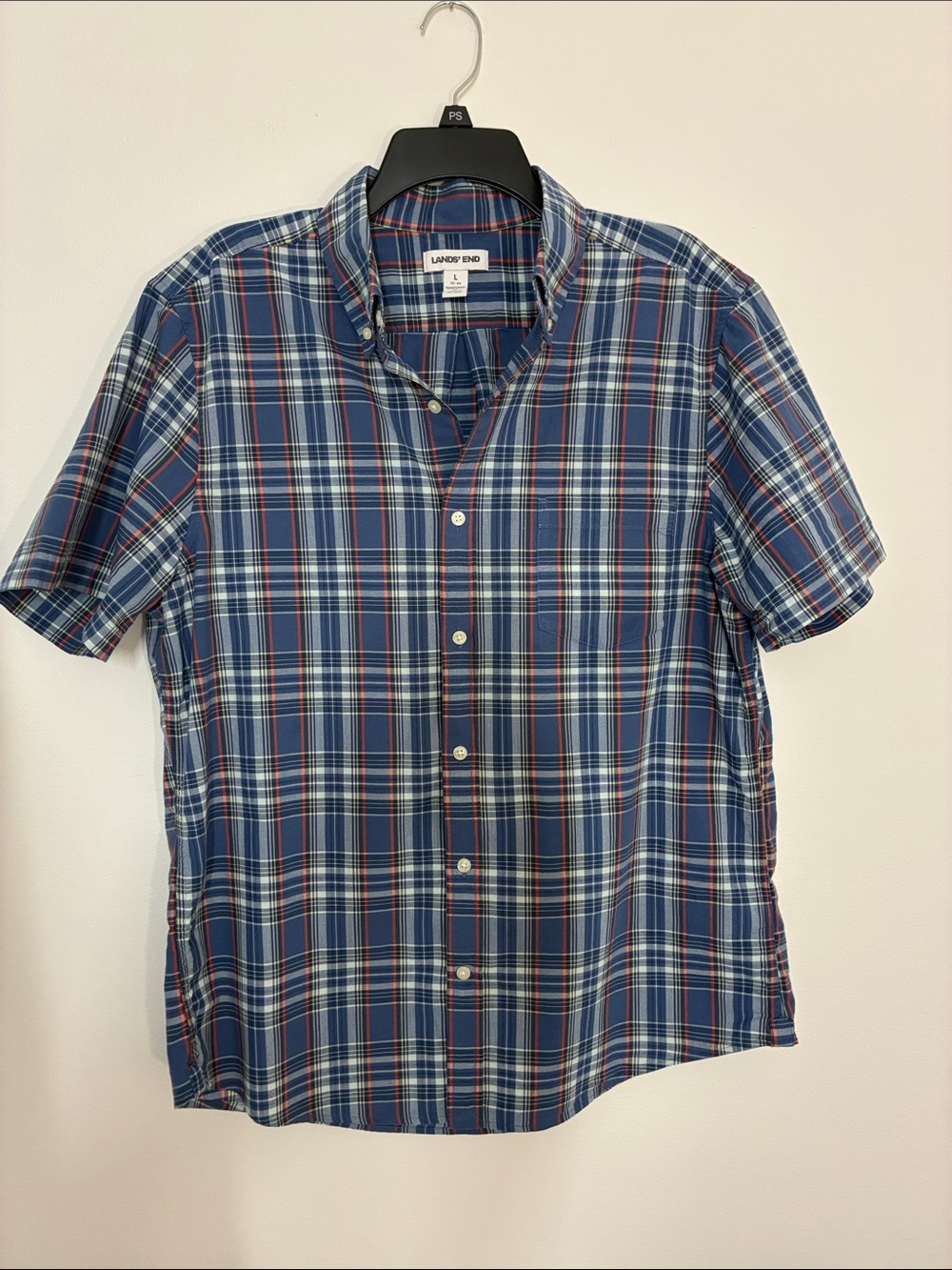 Lands' End Blue Plaid Shirt with Red & Yellow Stripes